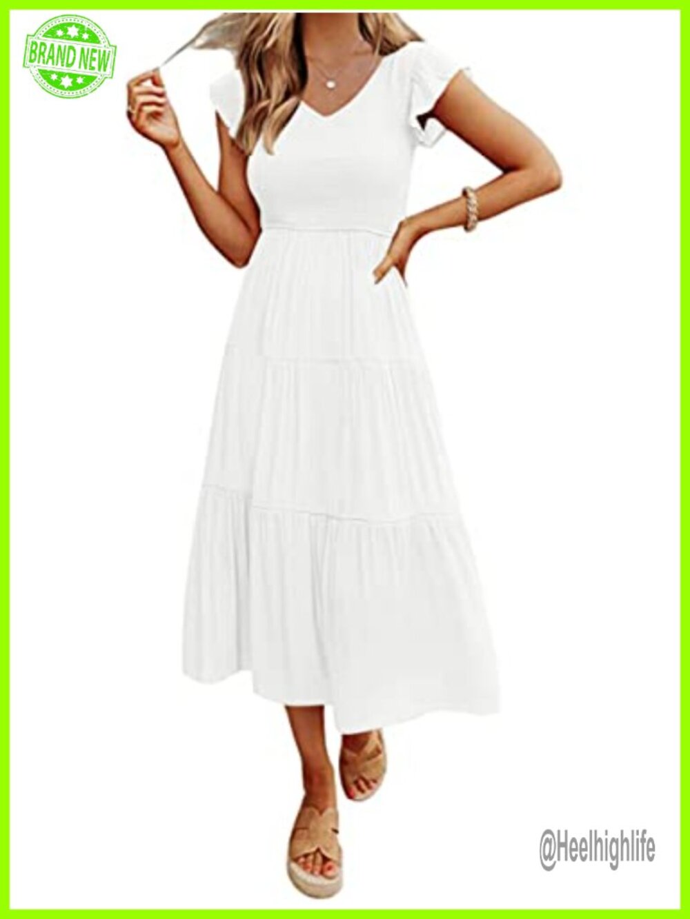 Flutter Sleeve Smocked V-Neck Midi Dress Casual A-Line Ruffle